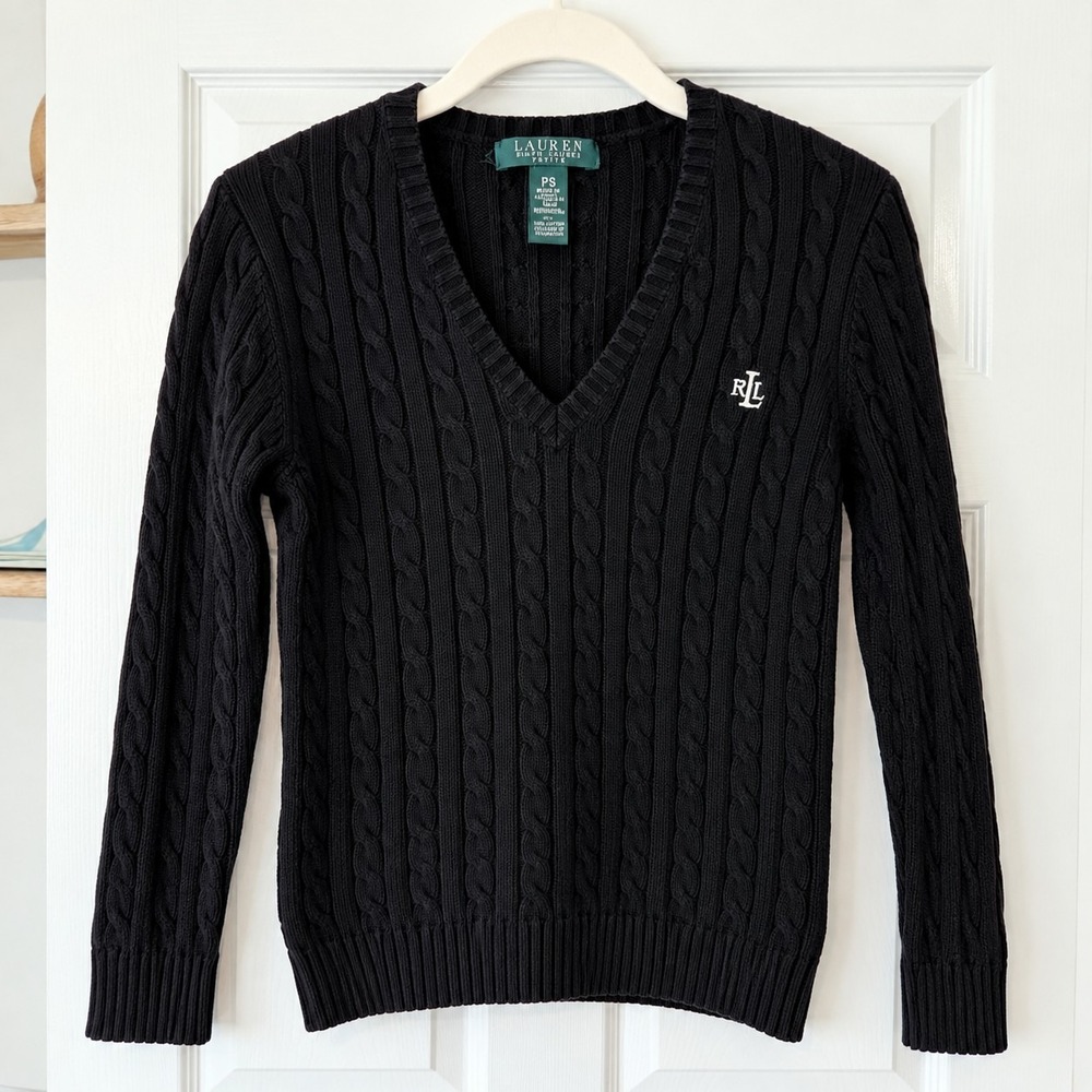 Lauren Ralph Lauren Petite PS Black Cable Knit V Neck Cotton Sweater RLL Logo